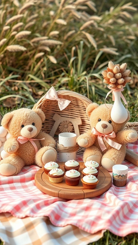 Teddy bears on a picnic blanket with cupcakes and a decorative vase.