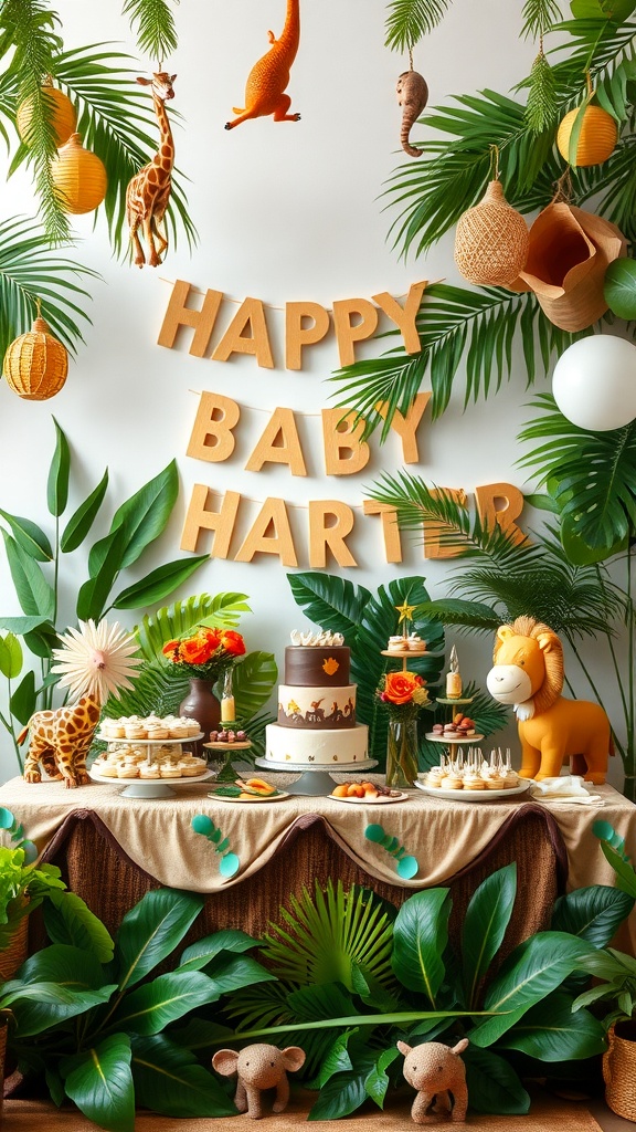 A vibrant Safari Jungle themed baby shower setup with decorations, cake, and animal figures.