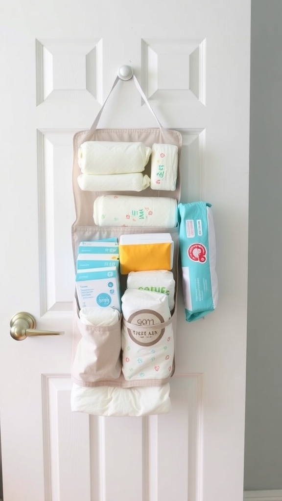 An over-the-door organizer filled with diapers and baby supplies hanging on a white door.