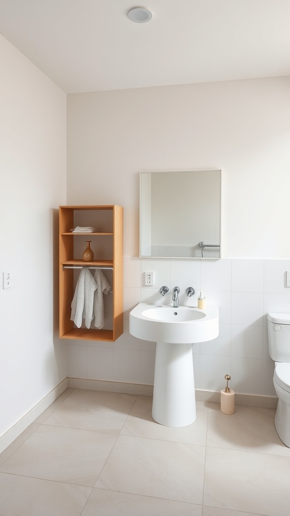 A minimalist changing station with a wall-mounted shelf, round sink, and clean lines.