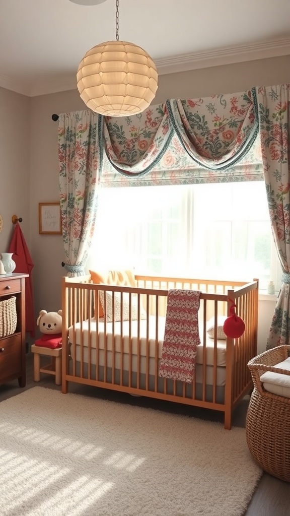A gender-neutral baby nursery featuring floral curtains, a wooden crib, and a cozy rug.