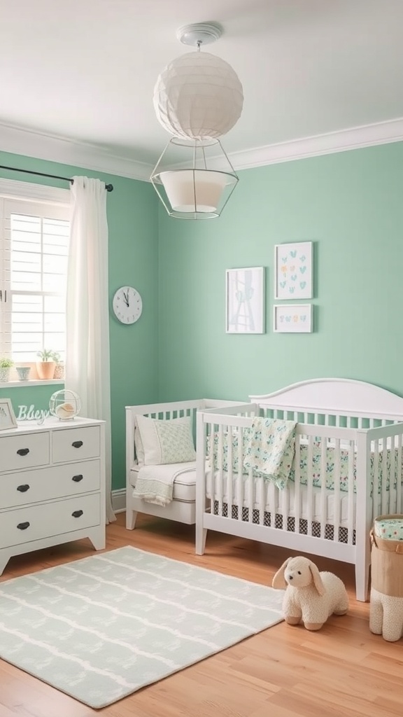 A nursery featuring mint green walls, white furniture, and soft decor.