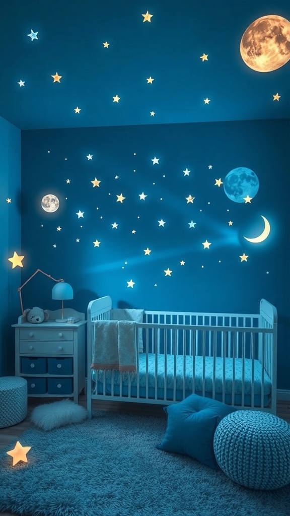 A nursery with a celestial night sky theme featuring stars and moons on the walls.
