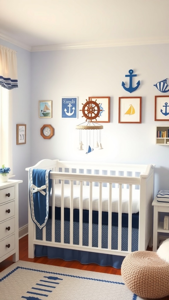 A nautical-themed nursery with blue walls, a white crib, and decorative elements like anchors and sailboats.