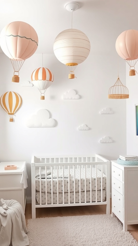 A nursery decorated with hot air balloon-themed decor, featuring colorful balloons hanging from the ceiling and a cozy crib.