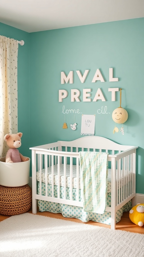 A nursery with teal walls, a white crib, and playful decor.