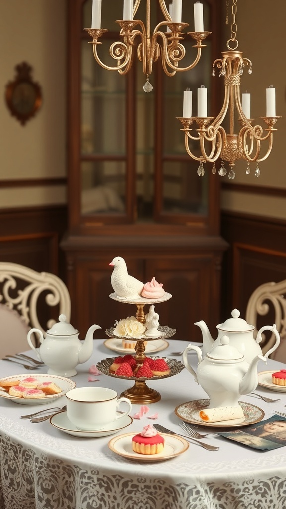 A vintage tea party setting with teapots, pastries, and a chandelier.