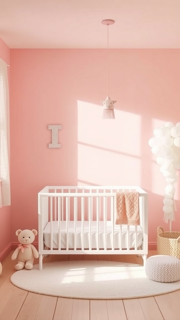 A cozy nursery painted in soft pastel pink with a white crib, teddy bear, and natural light.