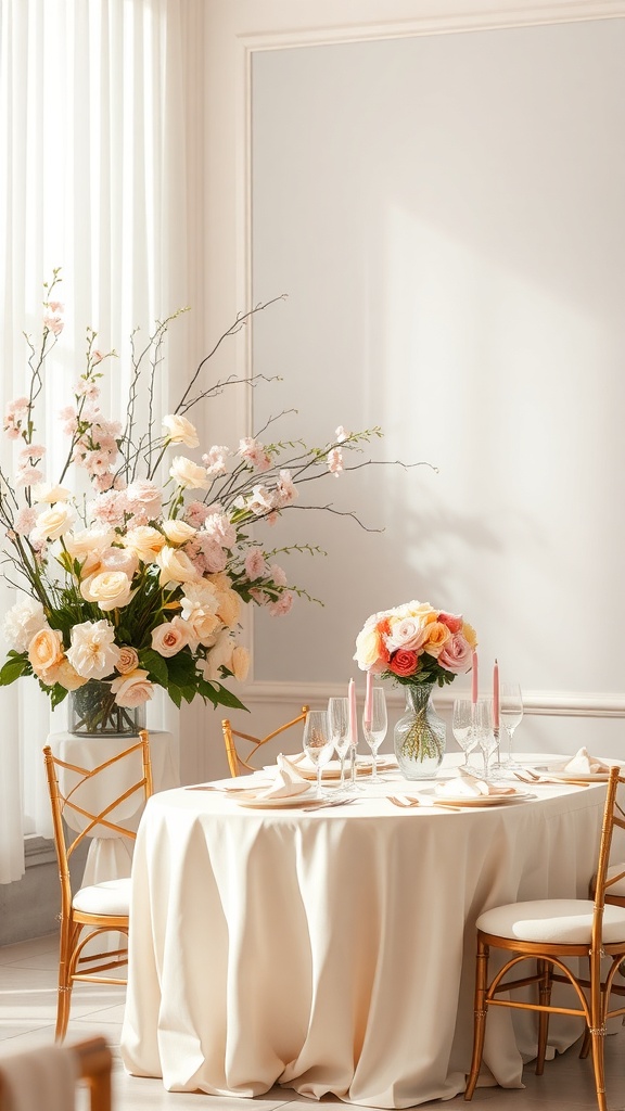 A beautifully set table with floral arrangements for a baby shower theme.