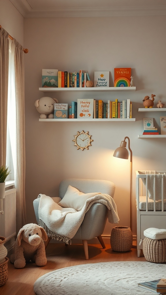 A cozy reading nook in a newborn room featuring a soft chair, bookshelves filled with children's books, a warm lamp, and plush toys.