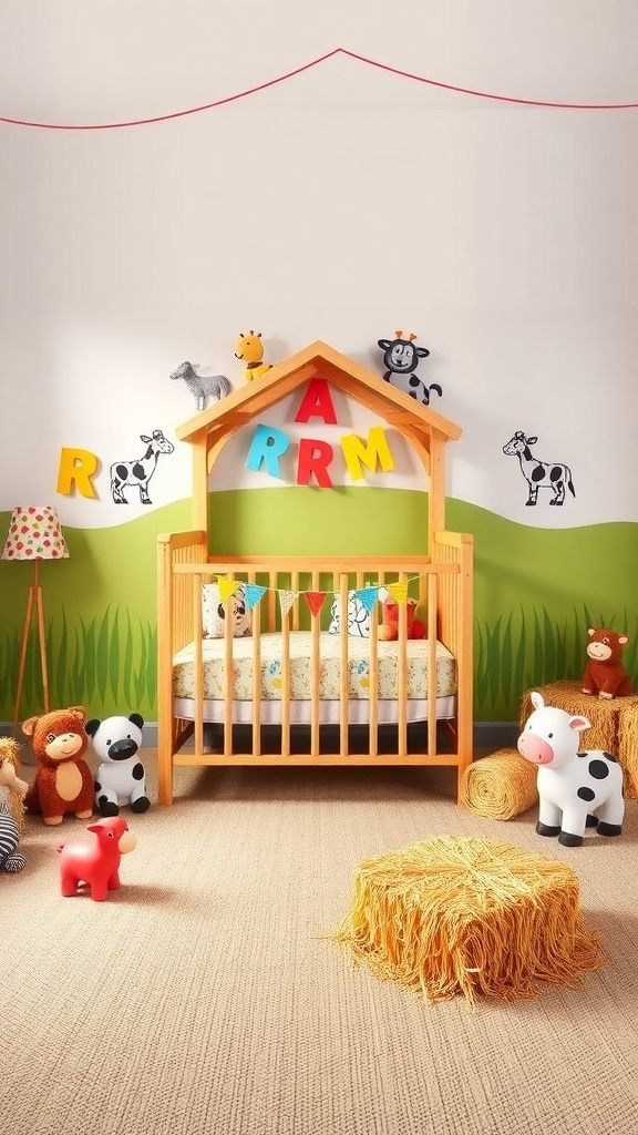 A cozy farmyard-themed nursery with a wooden crib, colorful letters, and plush animal toys.