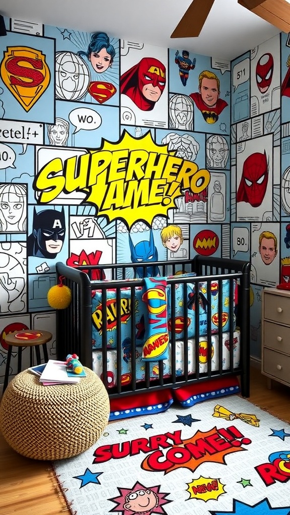 A superhero-themed nursery with comic-style wall art, a crib, and playful decor.