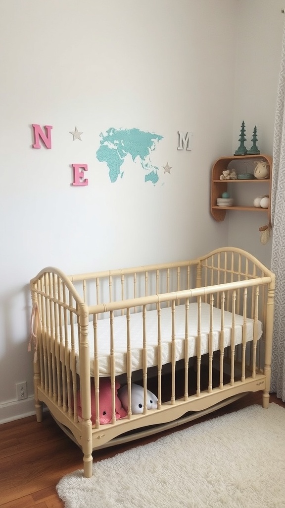 A vintage crib converted into a changing station with soft toys underneath and a world map on the wall.