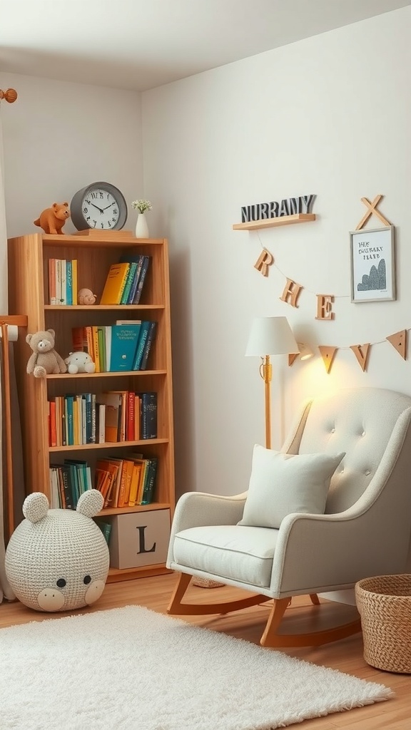 Cozy reading nook in a gender-neutral nursery with a rocking chair, bookshelf, and soft rug.