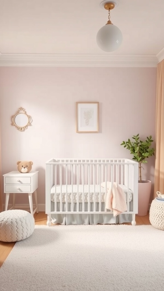 A serene nursery with soft pink walls, a white crib, a teddy bear, and a potted plant.