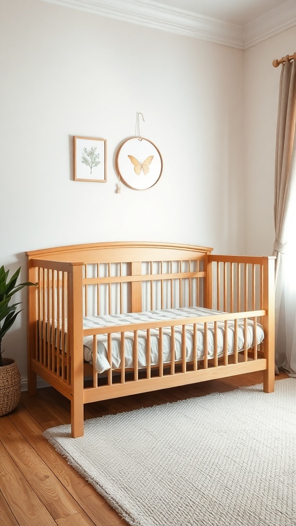 A wooden crib in a nursery with a simple design, featuring a soft mattress and decorative wall art.