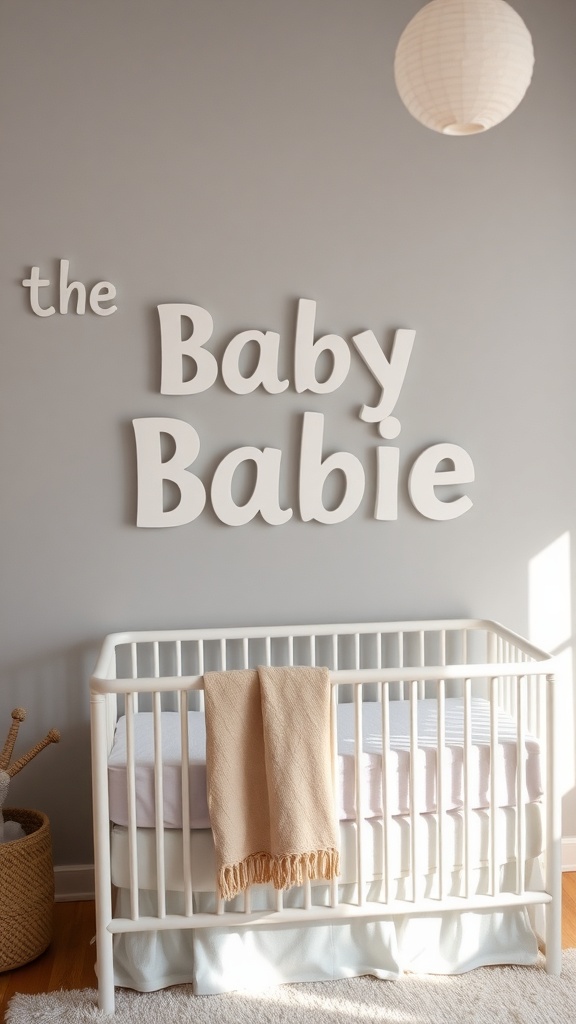 A nursery with large letters on the wall spelling 'the Baby Babie' and a crib with a blanket.