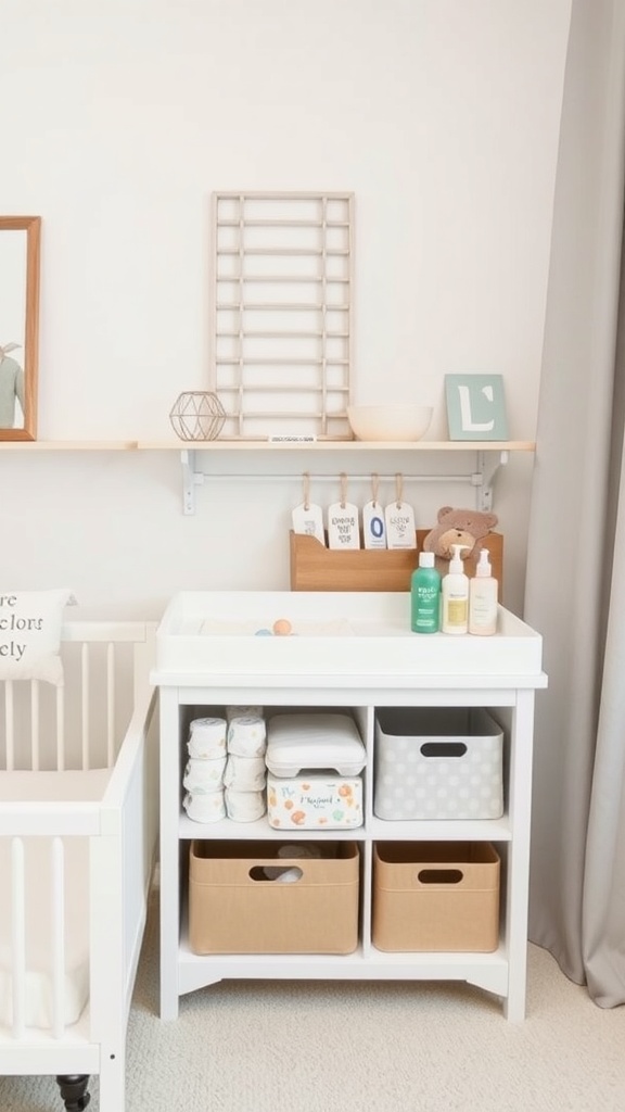 A mobile changing station with a white changing table, neatly organized diapers, and storage bins.