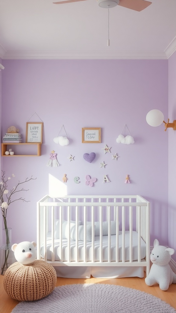 A nursery with lavender walls, a white crib, and soft toys, creating a dreamy atmosphere.