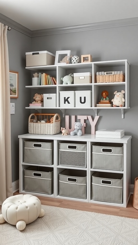 A stylish storage unit in a newborn's room with open shelves and fabric bins, featuring toys and decorative items.