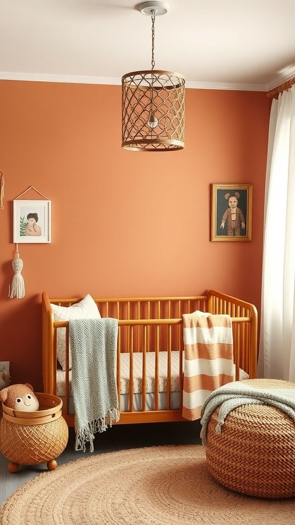 A cozy nursery painted in earthy terracotta with a wooden crib and woven decor.