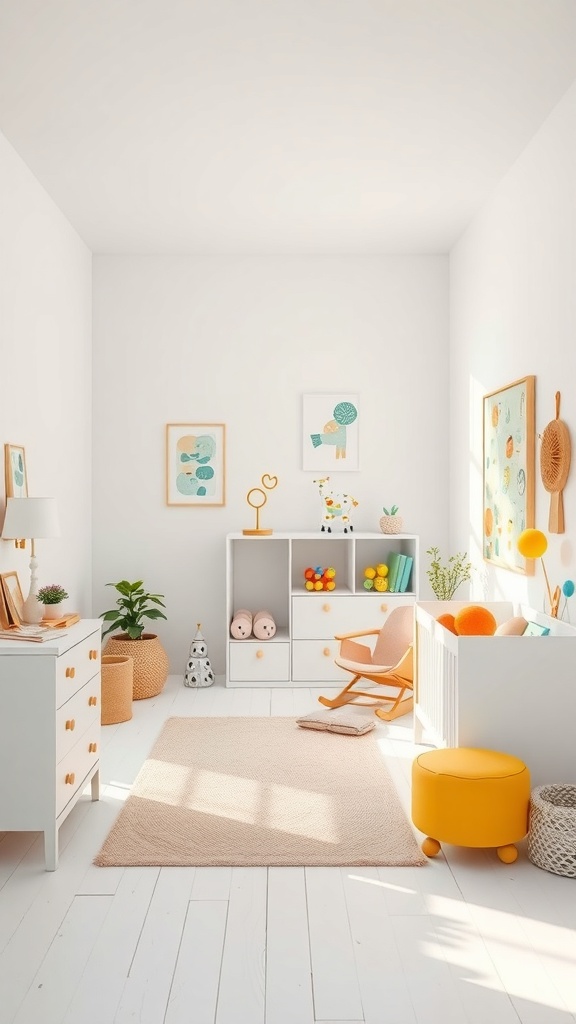 A bright white nursery with colorful decor and furniture.