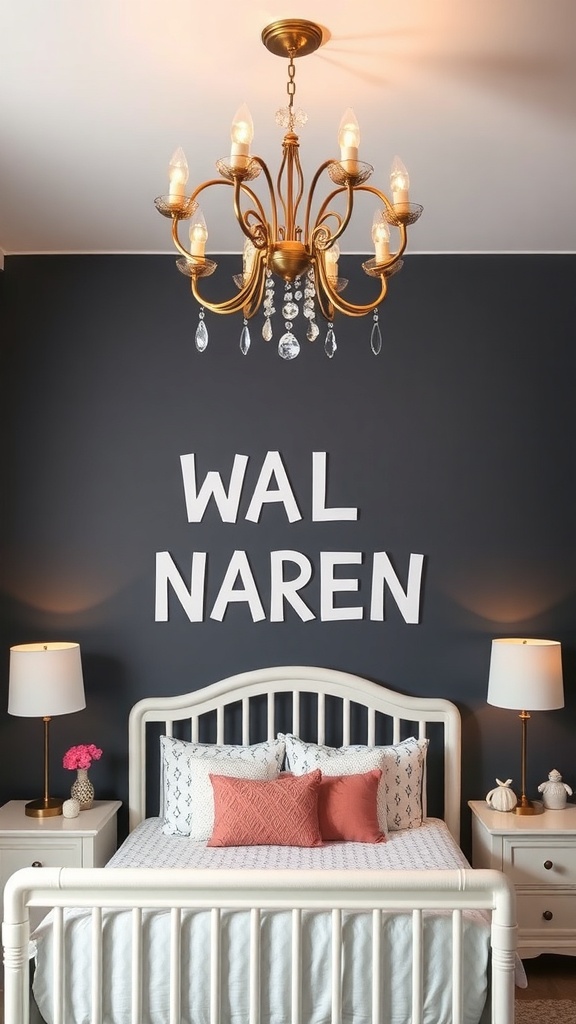 A stylish nursery featuring a chandelier and table lamps, with a dark wall and a cozy bed.