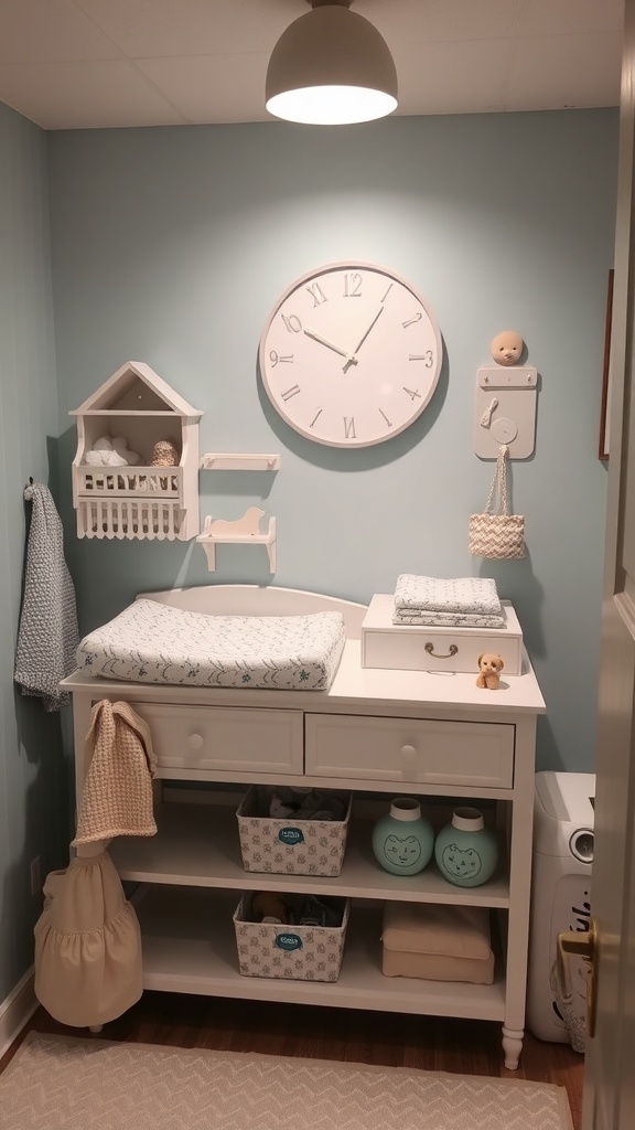 A nursery changing station with a blue wall, white furniture, and decorative elements.