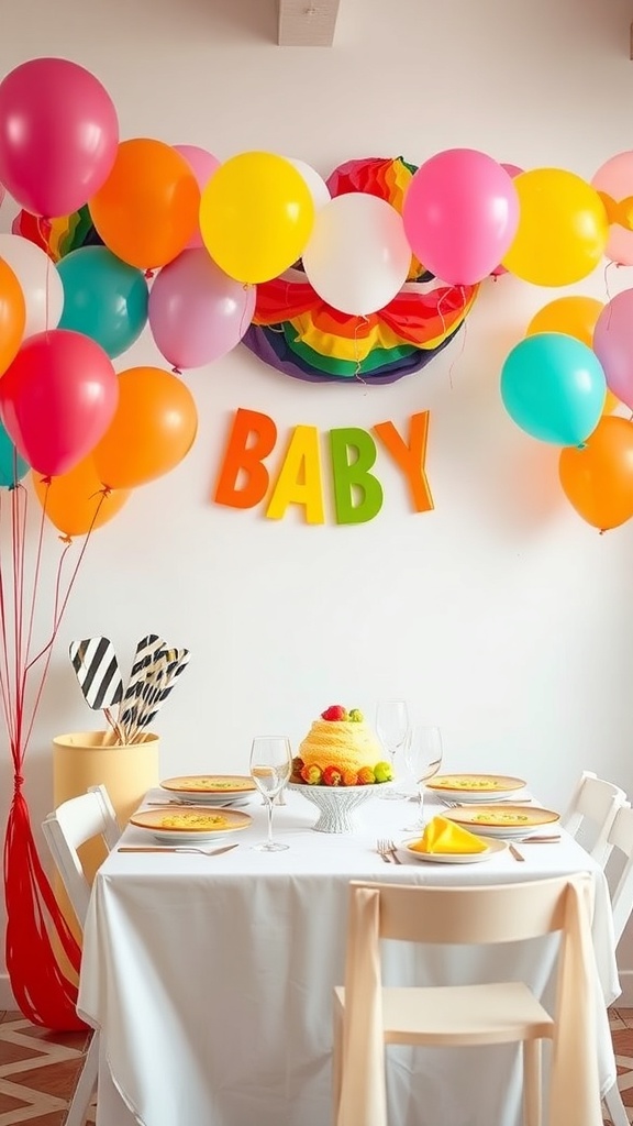 A colorful baby shower setup with balloons, a cake, and a table decorated for a rainbow celebration.
