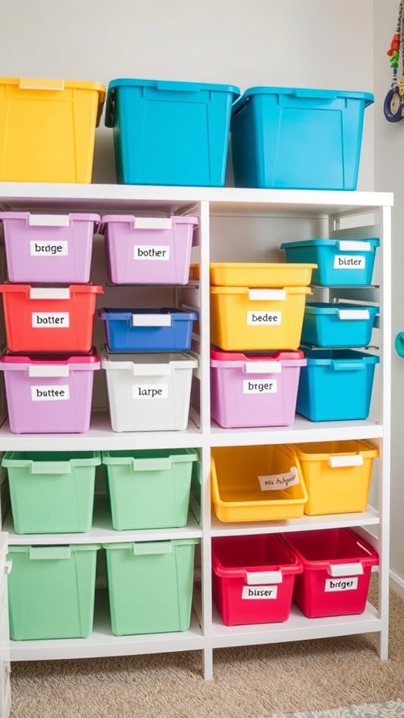 Color-coded storage bins organized on a shelf in a nursery