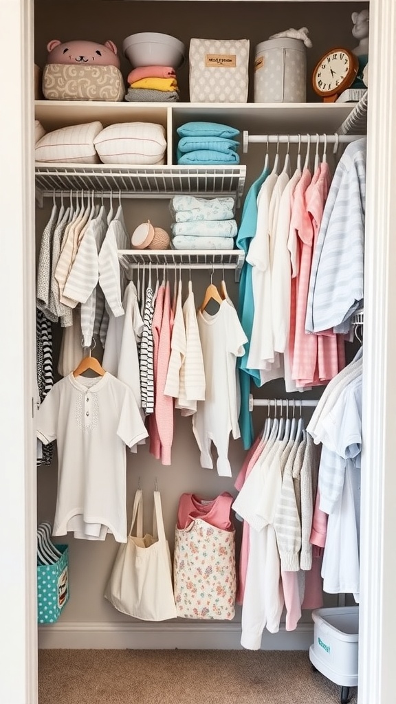 A well-organized nursery closet with hanging clothes, bins, and baskets.