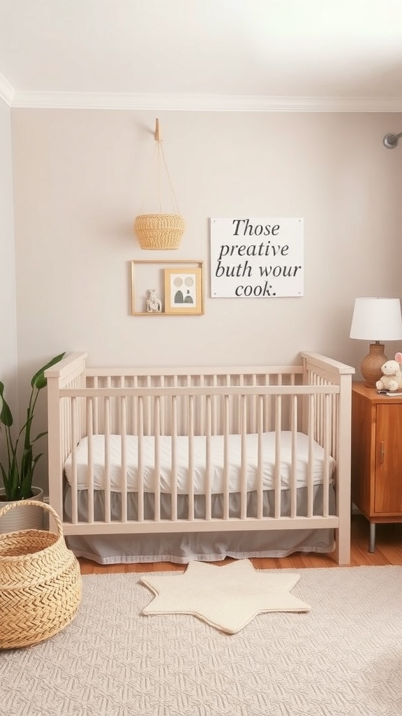 A cozy nursery featuring a crib, star-shaped rug, and decorative elements.