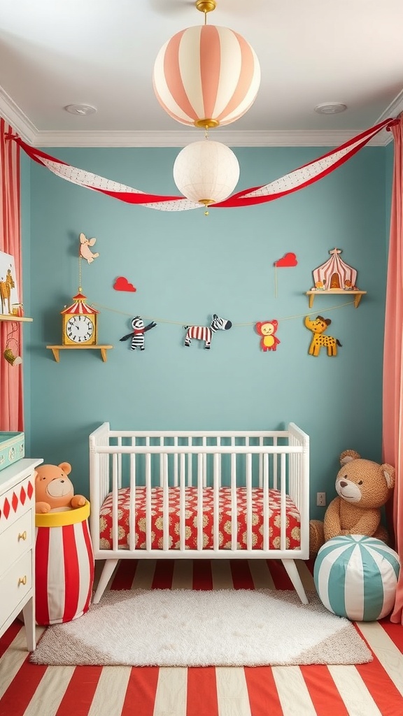 A vintage circus themed baby nursery with a crib, plush toys, and whimsical decorations.