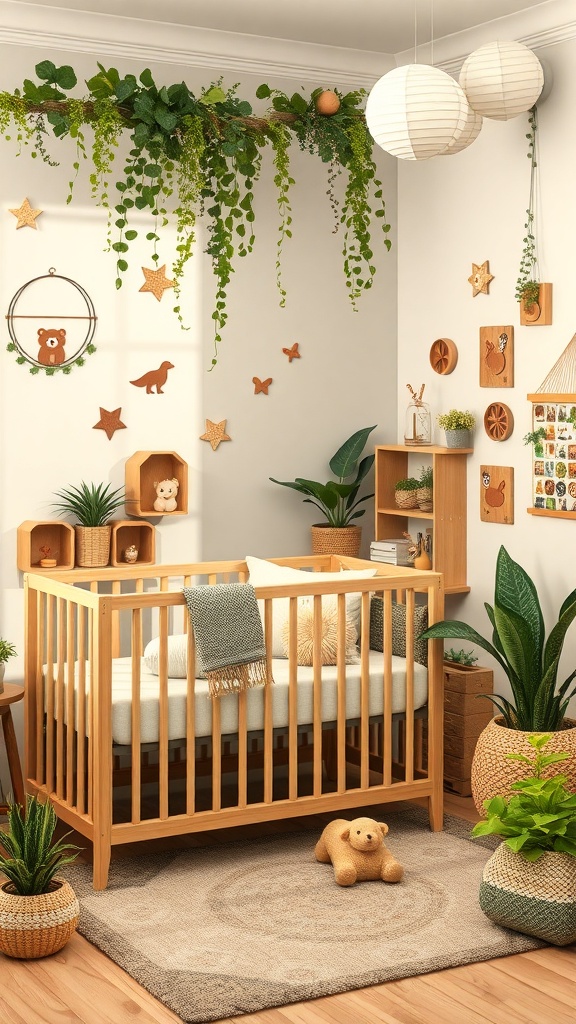 A nature-inspired gender-neutral baby nursery featuring a wooden crib, plants, and playful wall decor.