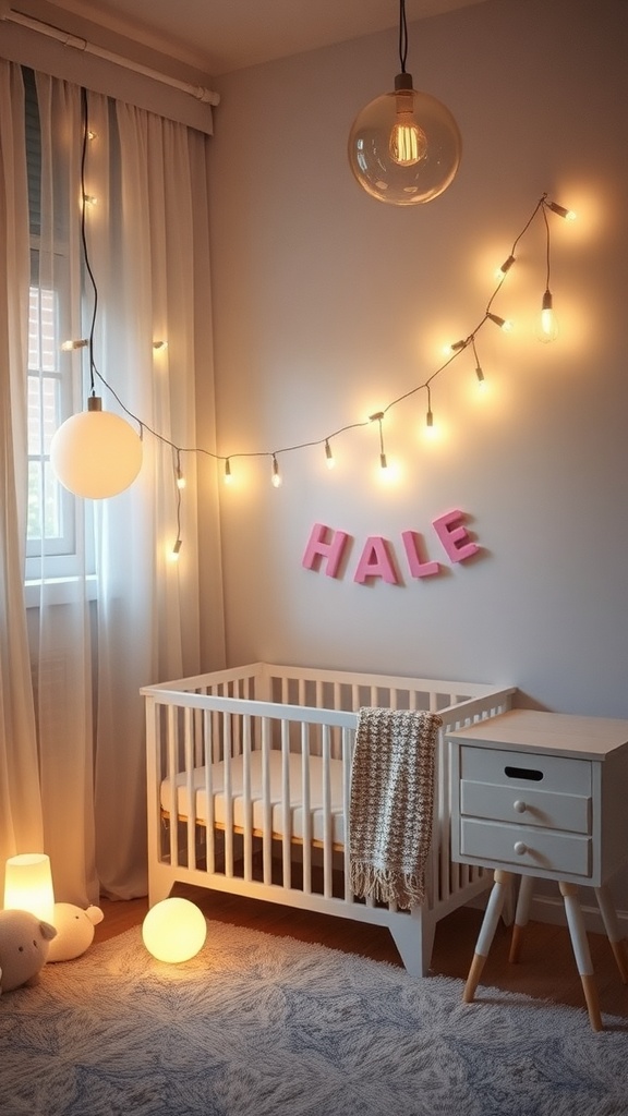 A cozy nursery with calming lighting fixtures, featuring a crib, decorative lights, and soft colors.