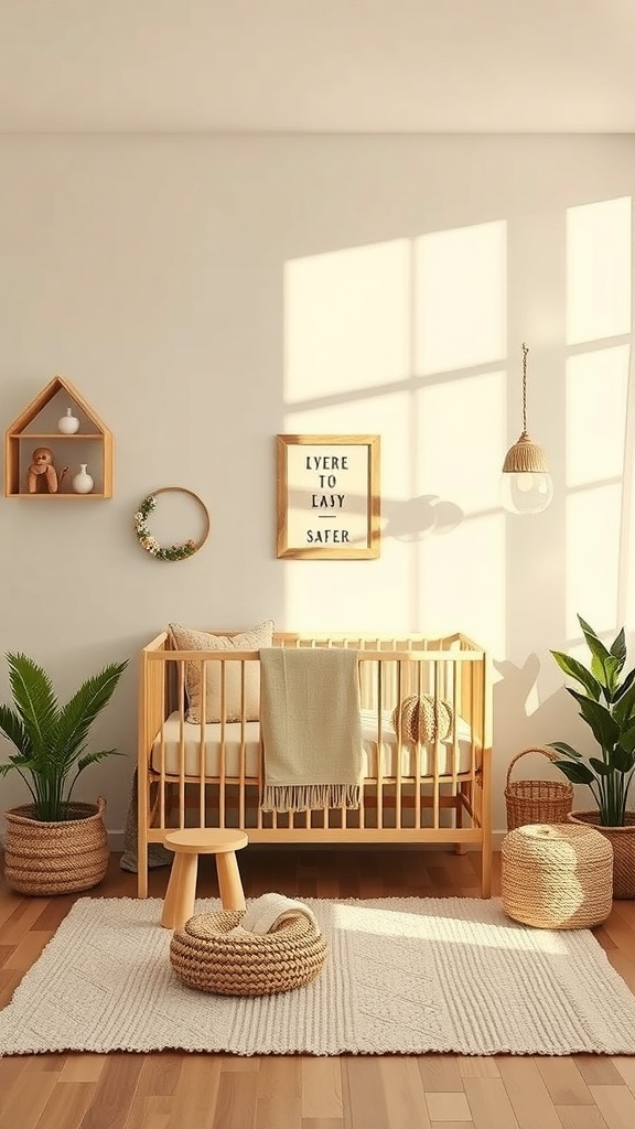 A cozy gender-neutral baby nursery featuring a wooden crib, plants in woven baskets, and a soft rug.