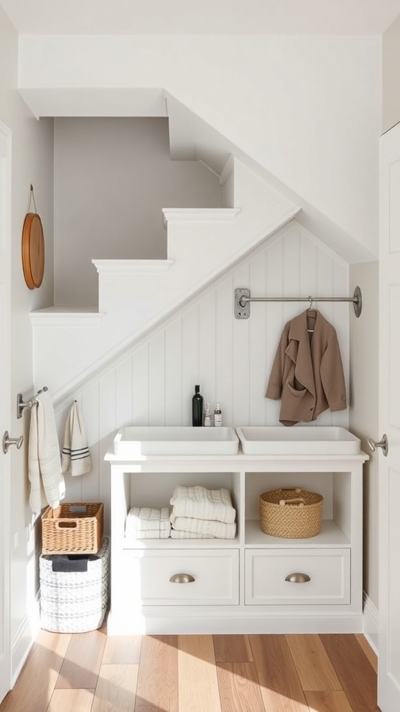 Under-stairs changing station with white cabinetry, towels, and storage baskets