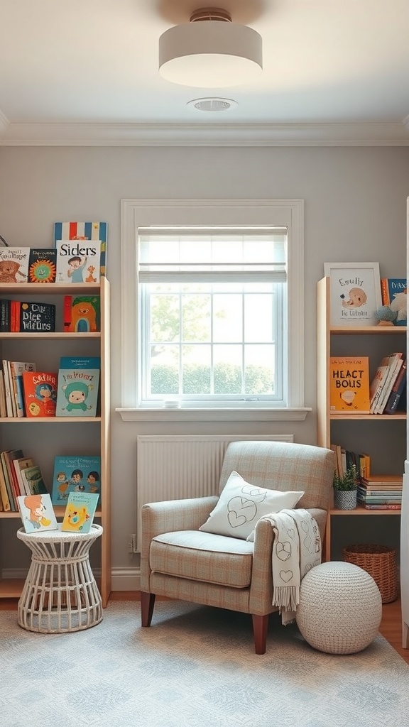 Cozy reading nook in a nursery with a comfortable chair, colorful bookshelves, and soft decor.