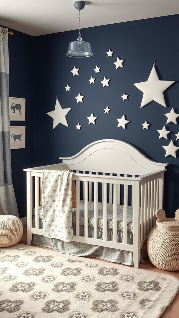 A nursery with navy blue walls, a white crib, star decorations, and a cozy rug.