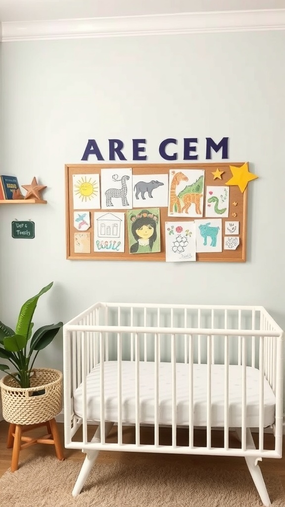 A nursery with a creative art display board showcasing children's drawings and crafts.