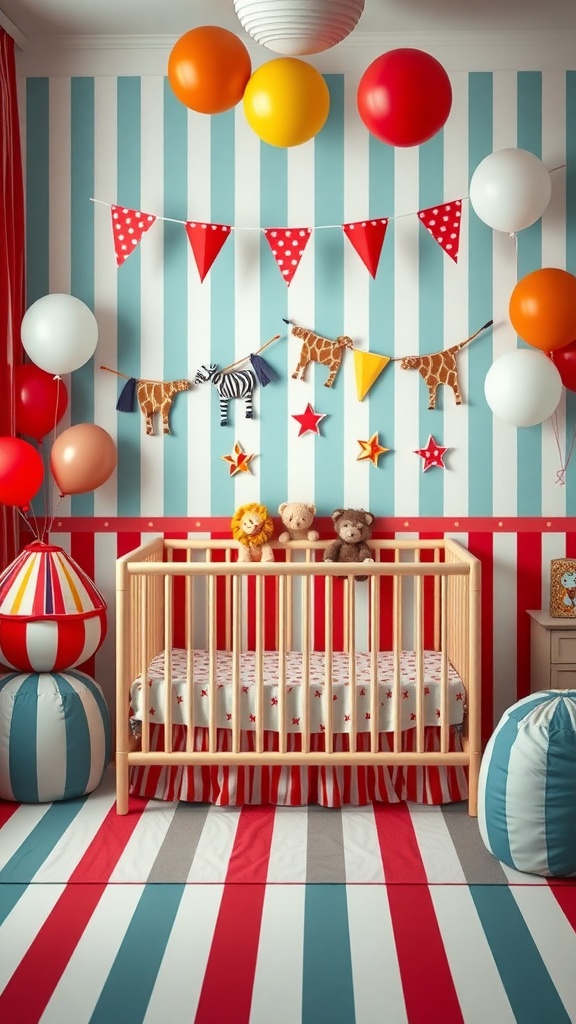 A colorful nursery designed with a circus carnival theme, featuring striped walls, balloons, and playful animal decorations.