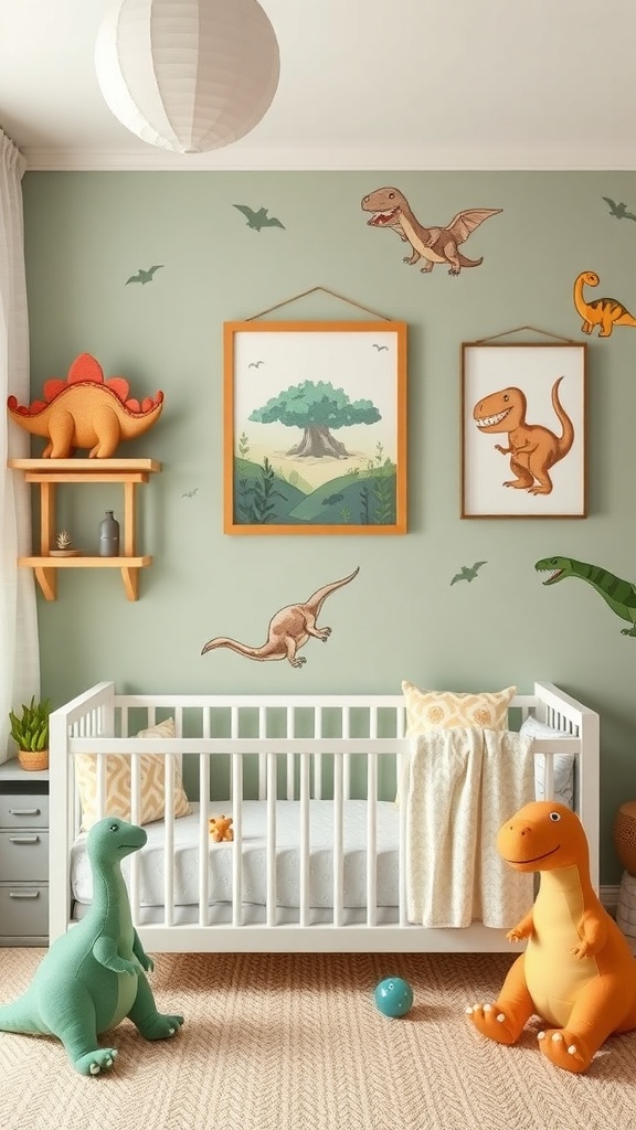 A whimsical dinosaur-themed nursery with green walls, a crib, and plush dinosaur toys.