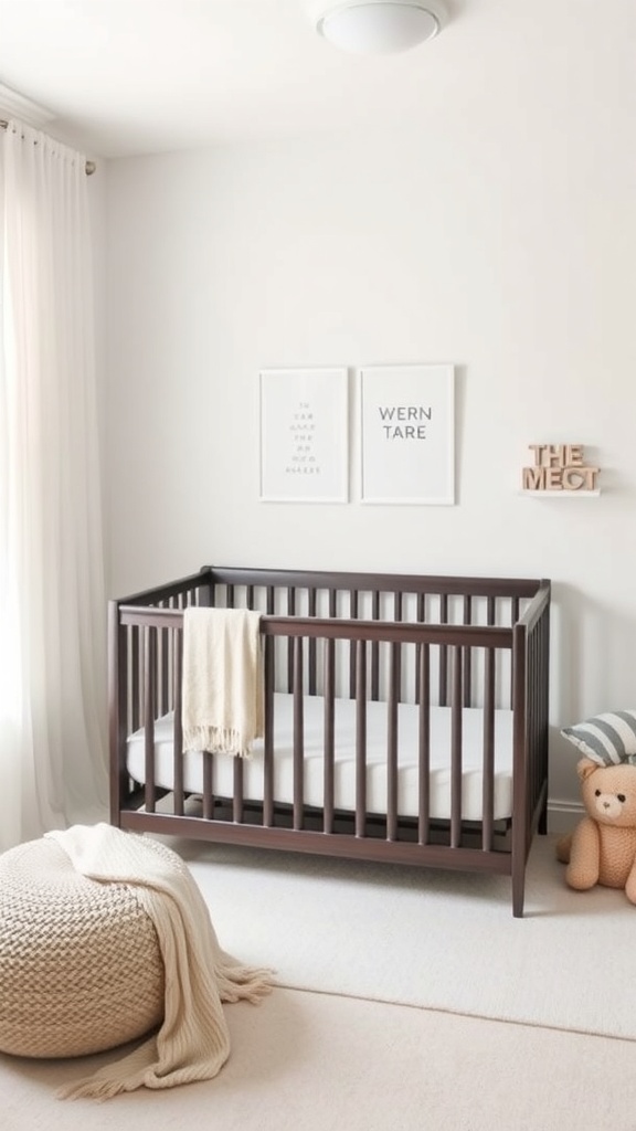 A modern minimalist baby nursery featuring a dark wooden crib, light curtains, and a cozy knitted pouf.