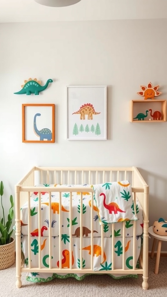 A dinosaur-themed nursery with a crib, colorful dinosaur blanket, and wall art featuring friendly dinosaurs.