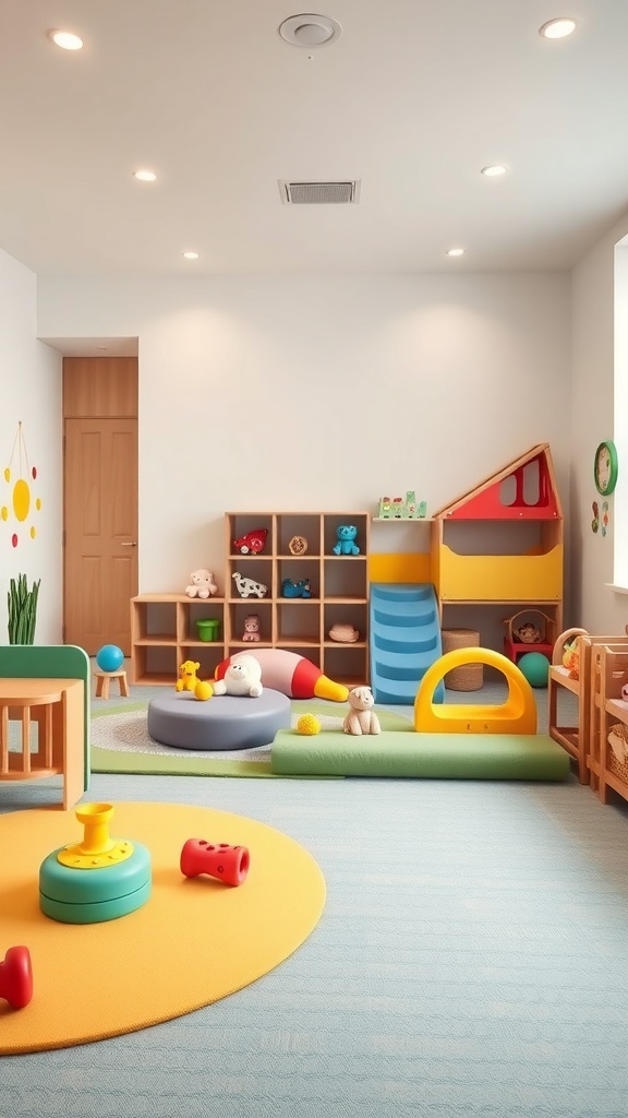 A bright and colorful interactive play area for newborns, featuring soft mats, toys, and a small playhouse.