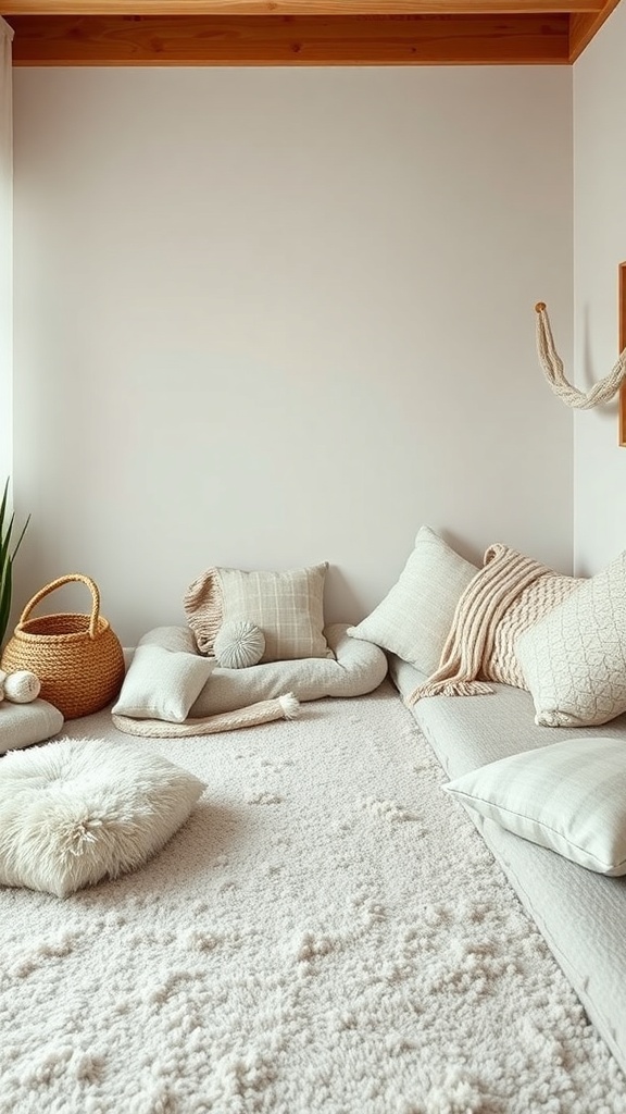 A cozy corner of a newborn room featuring soft textiles, including pillows and a fluffy rug.