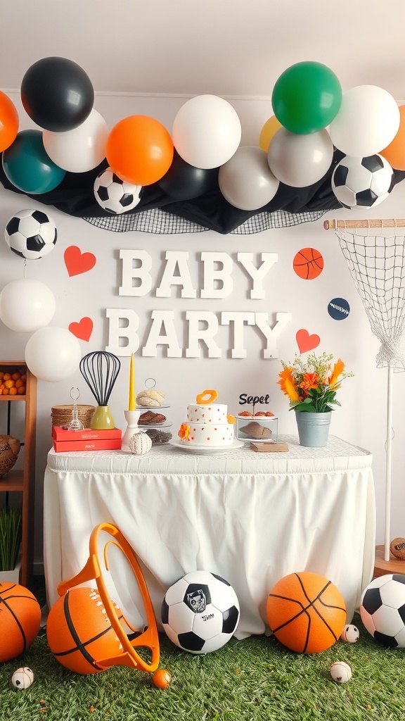 A vibrant baby shower setup with sports-themed decorations, including balloons and sports balls.