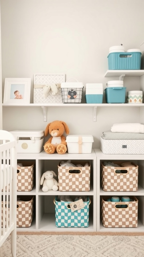Stylish storage solutions in a gender-neutral baby nursery with checkered baskets and colorful containers.