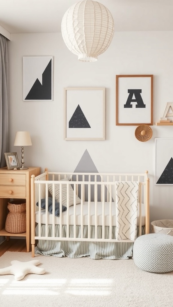 A modern gender-neutral nursery featuring geometric patterns on the wall, a wooden crib, and a cozy atmosphere.