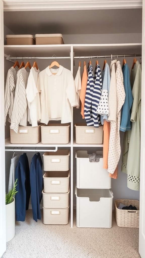 A well-organized nursery closet with hanging clothes, storage bins, and a small plant.